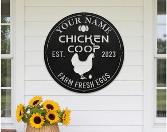 Decorazioni rustiche, quadro in metallo personalizzato con gallina, insegna personalizzata per fattoria, insegna per pollaio, regalo rustico per l'inaugurazione della casa