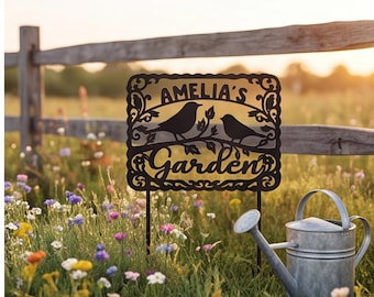 Personalized Garden Metal Sign With Stakes, Custom Garden Name Sign, Rustic Metal Yard Art, Garden Decor, Housewarming Gift