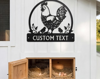 Letrero personalizado para gallinero de gallinas y pollitos, arte metálico personalizado de gallina madre, placa rústica para nido de gallinas, regalo de estilo rústico