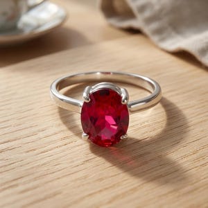 Oval Ruby Solitaire Ring, 14K Gold Minimalist Band, July Birthstone Engagement Ring