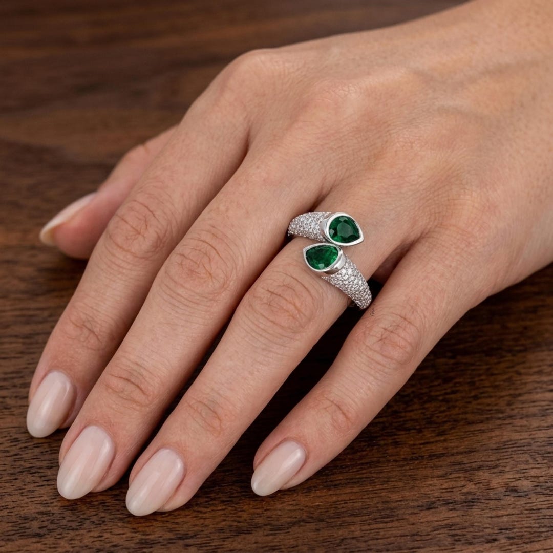 Luxury Green Emerald Wrap Ring | Pavé Diamond Style Open Ring | Modern ...