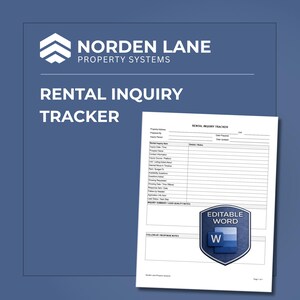 May include: A blue and white graphic with the text "Norden Lane Property Systems" and "Rental Inquiry Tracker." A document with fields for property information and inquiry details is shown. An "Editable Word" logo is in the bottom right.