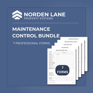 May include: A blue graphic with the text "NORDEN LANE PROPERTY SYSTEMS" and "MAINTENANCE CONTROL BUNDLE." The image shows 7 professional forms, including a maintenance request form and a maintenance expense log.