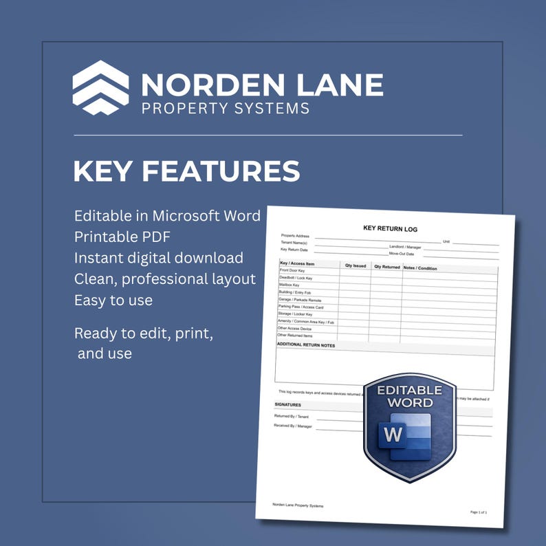 Key Return Log Editable Word PDF Landlord Move Out Form Tenant Turnover ...
