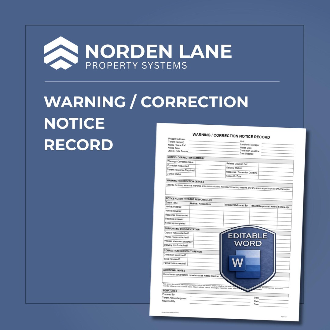 Warning / Correction Notice Record | Editable Landlord Tenant Warning ...
