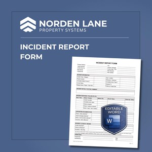 Puede incluir: Documento titulado "Incident Report Form" con el logotipo de Norden Lane Property Systems, sobre un fondo azul. El formulario incluye secciones para detalles del incidente y revisión. Un logotipo de "Editable Word" es visible.