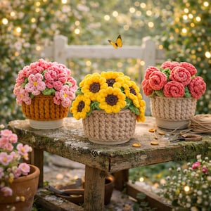 Op de afbeelding: Drie gehaakte bloemstukken in manden op een rustieke houten tafel. De bloemen zijn roze, geel en rood. Een vlinder vliegt boven de scène, met een vage achtergrond van groen en zachte verlichting.