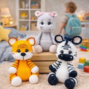Può includere: Tre giocattoli di animali fatti a mano all'uncinetto: una tigre gialla con strisce arancioni, un ippopotamo grigio con un fiocco rosa e una zebra bianca con strisce nere. I giocattoli sono su una superficie di legno.