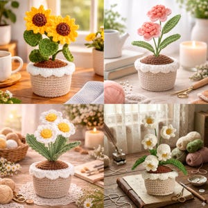 Könnte beinhalten: Vier gehäkelte Blumenarrangements in kleinen Töpfen. Die Blumen umfassen Sonnenblumen, rosa Nelken, Gänseblümchen und weiße Narzissen. Jeder Topf ist beige mit weißem, gewelltem Rand. Die Blumen haben grüne Blätter und stehen auf einer Holzoberfläche.