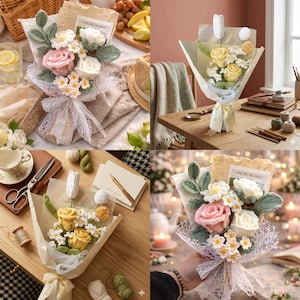 Crochet Flower Bouquet Pattern PDF Rose Tulip Daisy Handmade Bouquet Tutorial Floral Gift DIY Instant Download