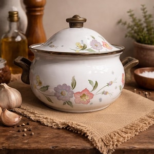 May include: White enamel cooking pot with a lid, adorned with a floral pattern in pink, purple, and yellow. The pot has two brown handles and a brass-colored rim. It sits on a burlap cloth on a wooden surface.