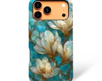 Magnolia Turquoise Stained Glass Custom Initials Monogram iPhone Case 17 16 15 14 13 Plus Pro Max, Samsung Galaxy S23 S24 S25, Google Pixel