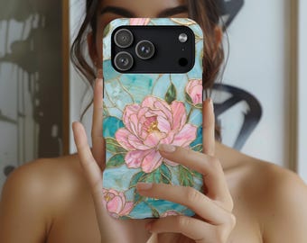 Custom Pink Peonies Turquoise Stained Glass Stained Glass Initials iPhone Case 17 16 15 14 Plus Pro Max, Samsung Galaxy S23 S24 Google