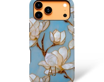 Custom White Magnolia Stained Glass Initials Monogram iPhone Case 17 16 15 14 13 12 Plus Pro Max, Samsung Galaxy S23 S24 S25, Google Pixel