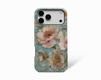 Personalised Peonies Aqua Stained Glass Initials iPhone Case 17 16 15 14 13 12 Plus Pro Max, Samsung Galaxy S23 S24 S25, Google Pixel 9 8 7
