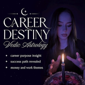 Pode incluir: Um gráfico escuro com o texto CAREER DESTINY Vedic Astrology e tópicos para career purpose insight, success path revealed e money and work themes. Uma vela acesa está num prato prateado com pétalas de rosa.