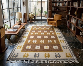 Carpette tissée à la main à plat - Tapis kilim tribal moderne dans des tons chauds avec des glands
