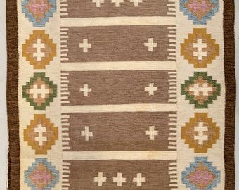 Handwoven Tribal Kilim Rug – Earth Tone Geometric Pattern Flatweave Rug, Fringe Carpet