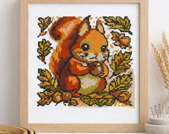 Autumn Squirrel Cross Stitch Pattern – Cute Fall Animal PDF – Woodland Cross Stitch – Instant Download
