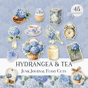 May include: A collection of watercolor illustrations featuring blue hydrangeas, teacups, a tea tin, a cupcake, a candle, and an alarm clock. The text "HYDRANGEA & TEA Junk Journal Fussy Cuts" is displayed. There are 45 elements.