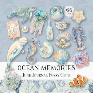 Op de afbeelding: Waterverfillustraties van verschillende zeedieren en oceaan-thema-elementen, waaronder een zeeschildpad, kwal, zeepaardje en schelpen. De tekst "Ocean Memories" en "Junk Journal Fussy Cuts" is ook aanwezig. Er zijn in totaal 65 elementen.