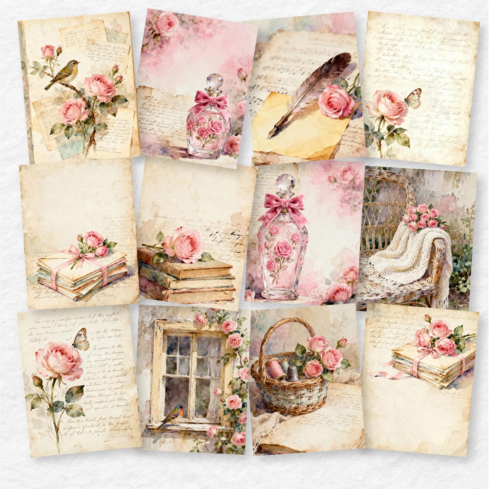 Victorian Pink Rose Junk Journal Pages - Shabby Chic Rose Ephemera ...