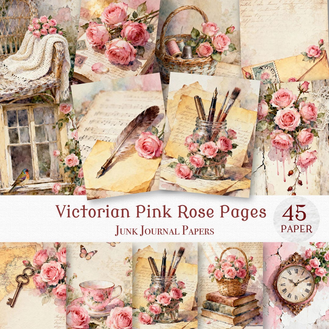 Victorian Pink Rose Junk Journal Pages - Shabby Chic Rose Ephemera ...