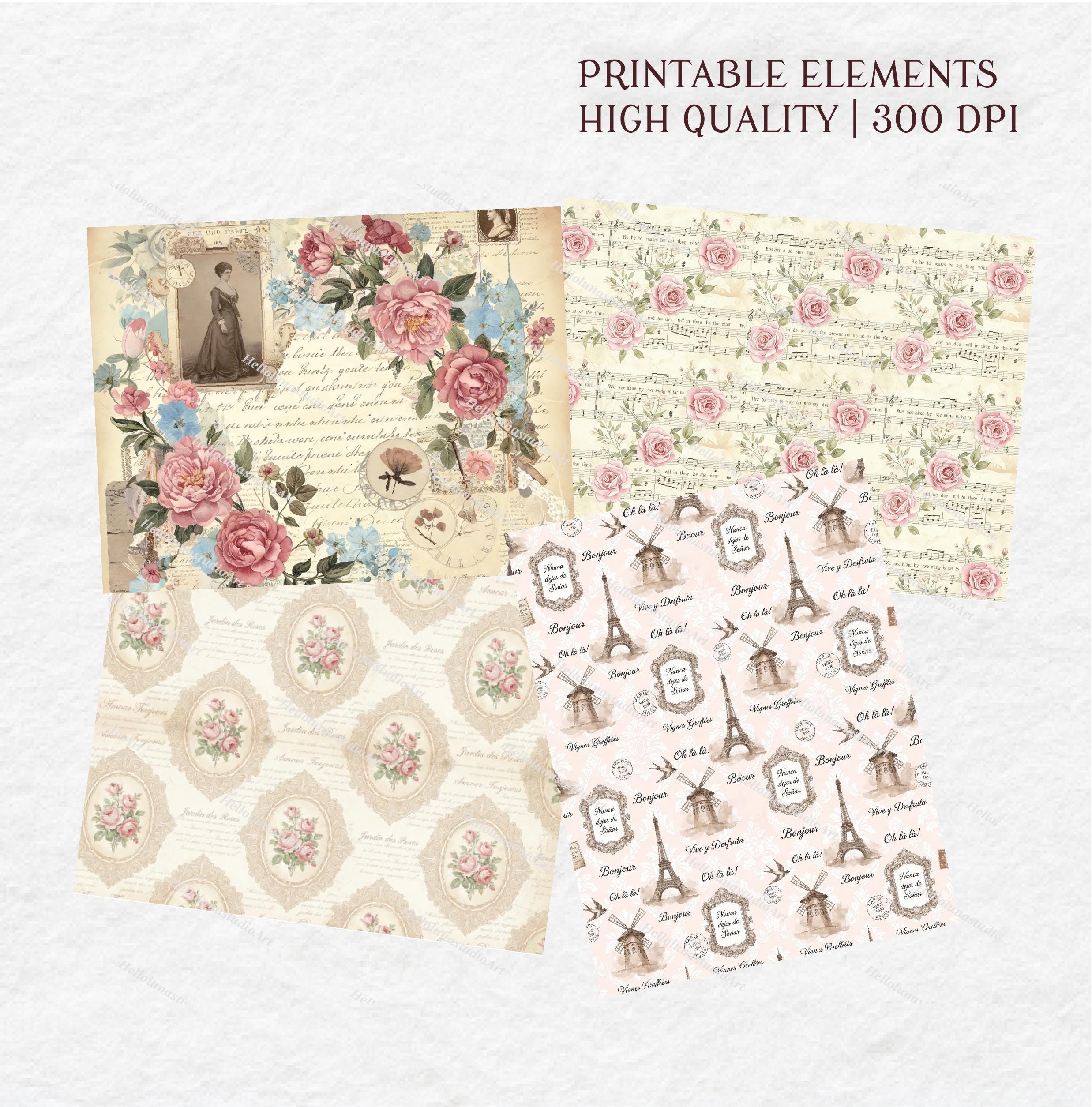 Shabby Chic Rose Digital Paper – Vintage Paris Eiffel Tower Ephemera ...