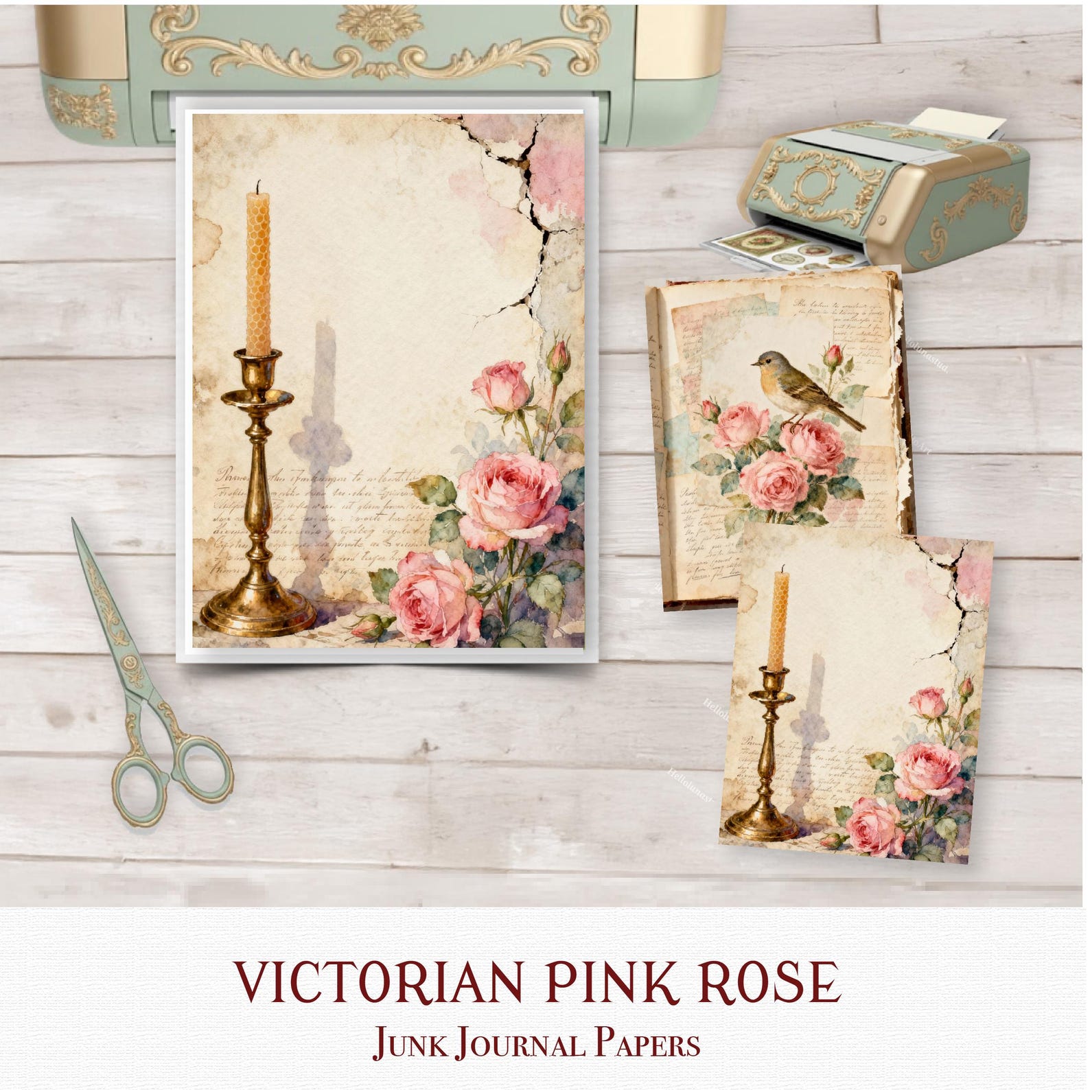 Victorian Pink Rose Junk Journal Pages - Shabby Chic Rose Ephemera ...