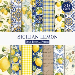 Puede incluir: Una colección de 20 papeles de diario basura "Sicilian Lemon". Los papeles presentan ilustraciones de acuarela de limones, flores y patrones de azulejos en tonos amarillos, azules y blancos. Se muestra el texto "SICILIAN LEMON" y "JUNK JOURNAL PAPERS".