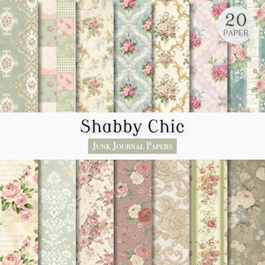 May include: A collection of 20 sheets of Shabby Chic junk journal papers. The papers feature floral and damask patterns in pastel colors like pink, green, and cream. Some papers have a patchwork design.