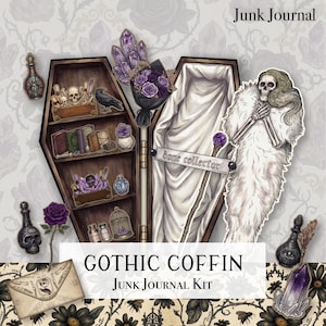 May include: A Gothic Coffin Junk Journal Kit with a dark aesthetic. The image features a coffin-shaped shelf with skulls, books, and a raven. A skeleton figure with a fur shawl stands next to a coffin. The kit includes a bouquet of purple roses and decorative bottles.