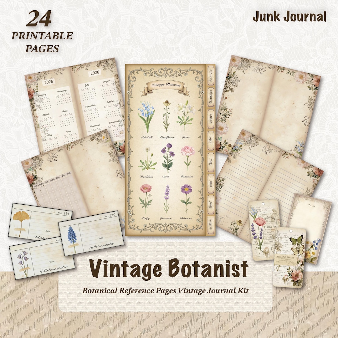 Vintage Botanist Junk Journal Kit - 2026 Calendar, Floral Ephemera ...