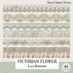May include: A collection of six horizontal lace borders in sage green and cream tones. The designs feature intricate patterns including fleur-de-lis, cameo profiles, floral vines, butterflies, and a ruffled trim edge. Text reads Sage Green Style.