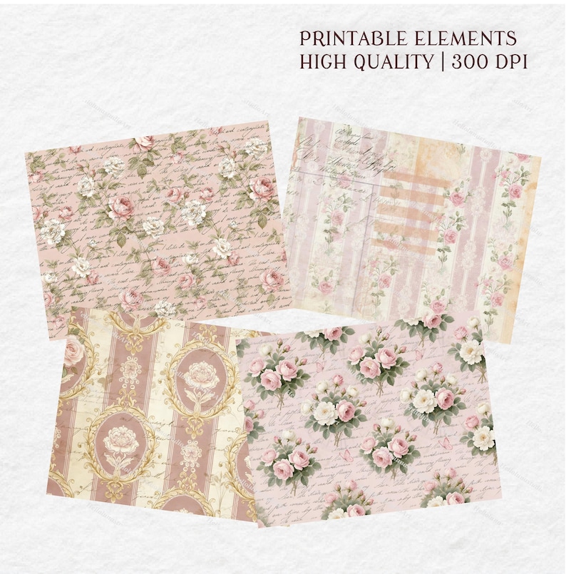 Shabby Chic Rose Digital Paper – Vintage Paris Eiffel Tower Ephemera ...