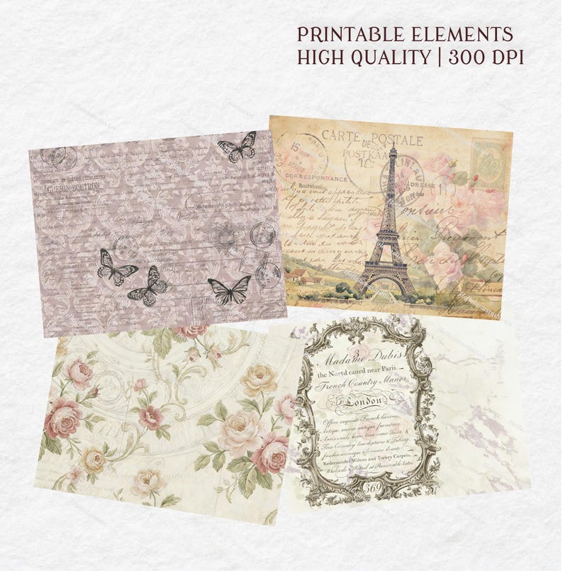 Shabby Chic Rose Digital Paper – Vintage Paris Eiffel Tower Ephemera ...