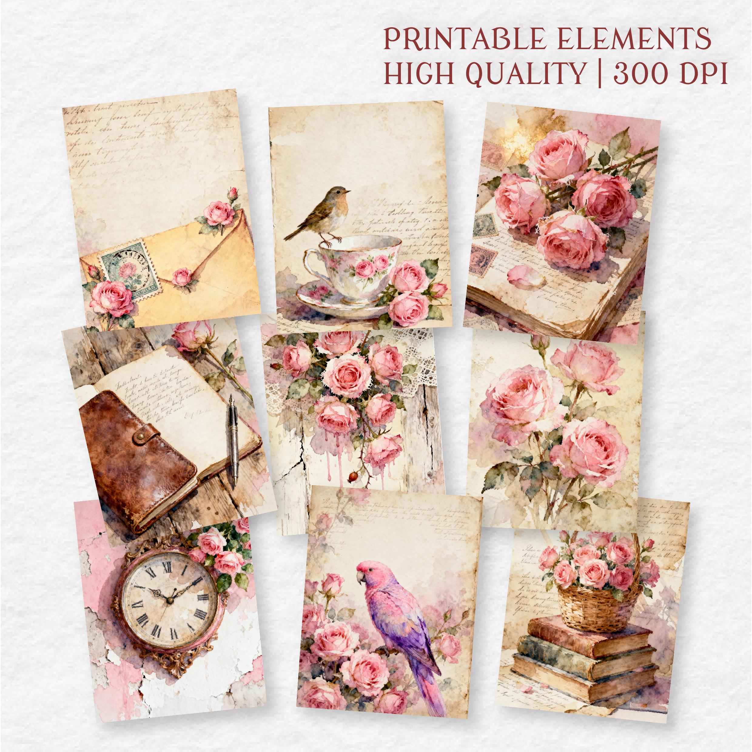 Victorian Pink Rose Junk Journal Pages - Shabby Chic Rose Ephemera ...