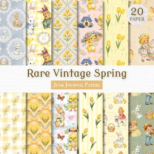 Puede incluir: Una colección de 20 hojas de papel de estilo vintage con ilustraciones de temática primaveral. Los diseños incluyen conejitos, pollitos, tulipanes y patrones florales en colores pastel. Se muestra el texto "Rare Vintage Spring" y "Junk Journal Papers".