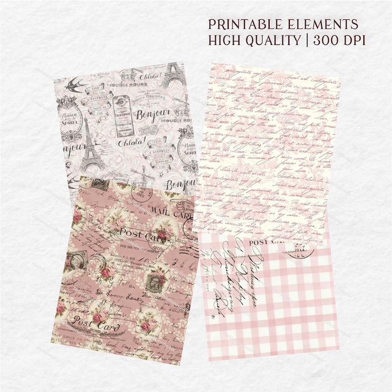 Shabby Chic Rose Digital Paper – Vintage Paris Eiffel Tower Ephemera ...