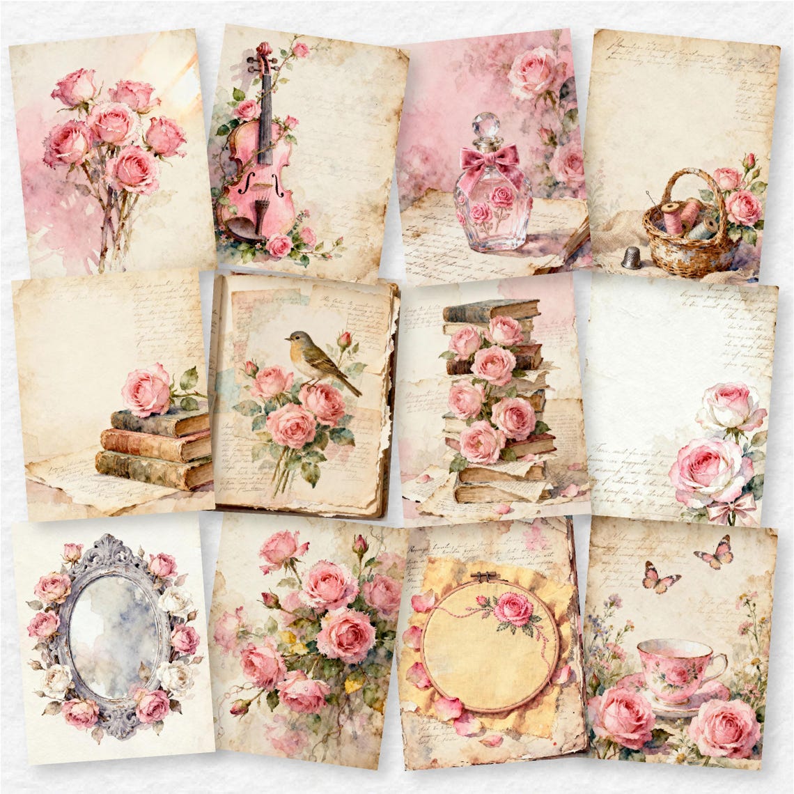 Victorian Pink Rose Junk Journal Pages - Shabby Chic Rose Ephemera ...