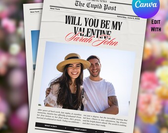 Krant Will You Be My Valentine, gepersonaliseerd valentijnscadeau, afdrukbare Valentijnsdag, omslag bloemboeket, valentijnsdag Cupido-krant