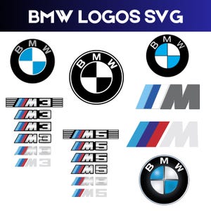 May include: A collection of BMW logos and emblems in various designs. The image includes the classic roundel logo with blue and white quadrants, along with M3 and M5 badges. The text "BMW LOGOS SVG" is at the top.