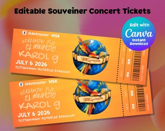 Ticket Karol G Viajando Por El Mundo: aangepaste Canva-sjabloon voor concertsouvenirs