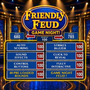 May include: A digital game interface for "Friendly Feud Game Night!" features a blue and gold logo, scoreboards, and interactive buttons. The game includes auto-scoring, sound effects, and 40 pre-loaded rounds. Team scores are 680 and 785.