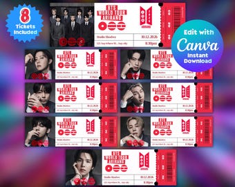 BTS World Tour 2026 concertkaartje bewerkbare bundel Canva-sjabloon, KPOP-feestuitnodiging (direct downloaden)