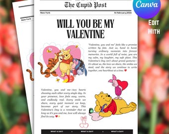 Winnie de Poeh Valentijnskrant, Will You Be My Valentine, Valentines Cupid Times-krant, bewerkbaar canvas, afdrukbare bloemomslag