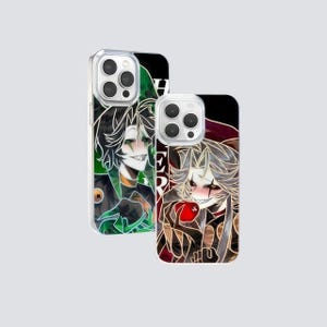 May include: Two clear phone cases with distinctive anime-style character designs. One case has a green and black design, the other a red and black theme. Both cases have a glossy finish and are designed to fit a smartphone.