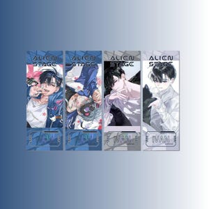 Op de afbeelding: Vier bladwijzers met anime-stijl illustraties van een mannelijk personage. Elke bladwijzer heeft de tekst "ALIEN STAGE" bovenaan en "IVAN" onderaan. De achtergronden zijn in verschillende tinten blauw en grijs.