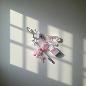 Peut inclure: Un porte-clés argenté orné de divers breloques, dont une seringue, des ailes roses en forme de cœur, des clés et un motif de battement de cœur. Les breloques sont ornées de strass et de perles, créant un accessoire fantaisiste et décoratif.