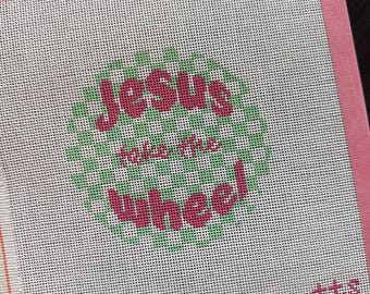 Jesus Take The Wheel Needlepoint Canvas | 4in Round | Hand-painted 18-Mesh